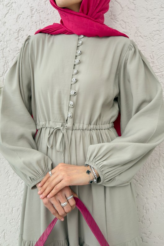 Büzgü Bağcıklı Elbise 2275 - TAŞ RENGİ