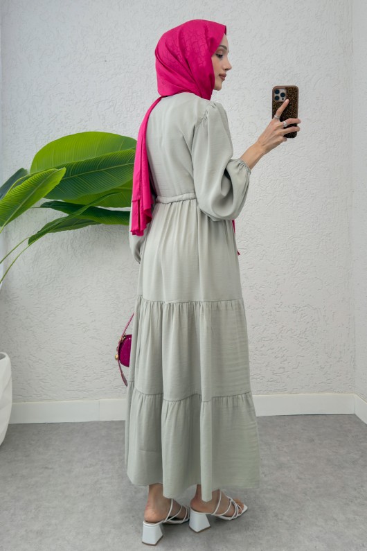 Büzgü Bağcıklı Elbise 2275 - TAŞ RENGİ