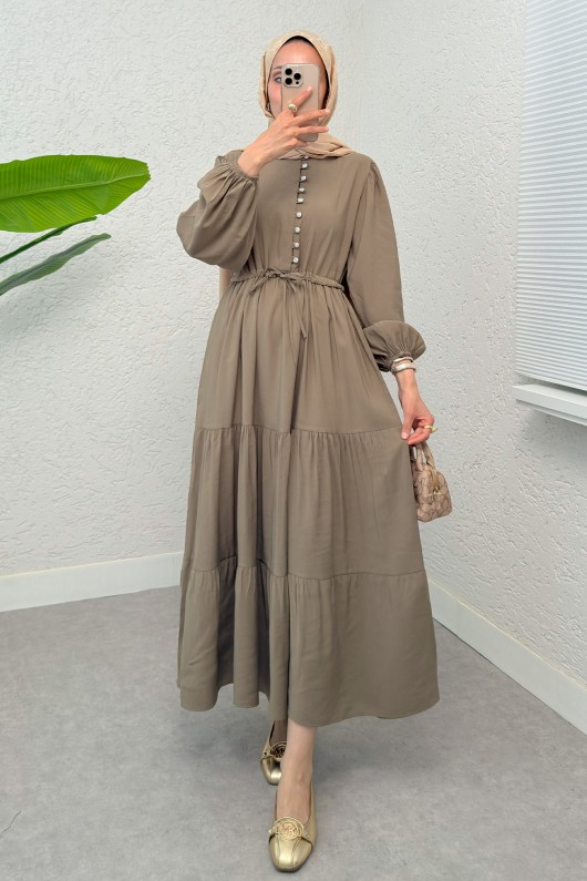 Büzgü Bağcıklı Elbise 2275 - VİZON