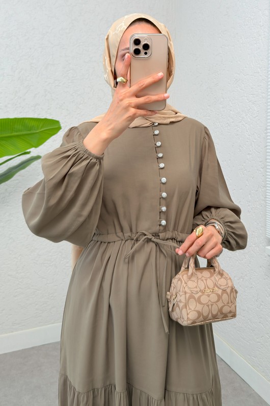 Büzgü Bağcıklı Elbise 2275 - VİZON