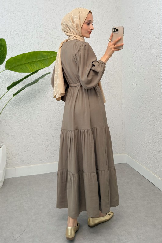 Büzgü Bağcıklı Elbise 2275 - VİZON