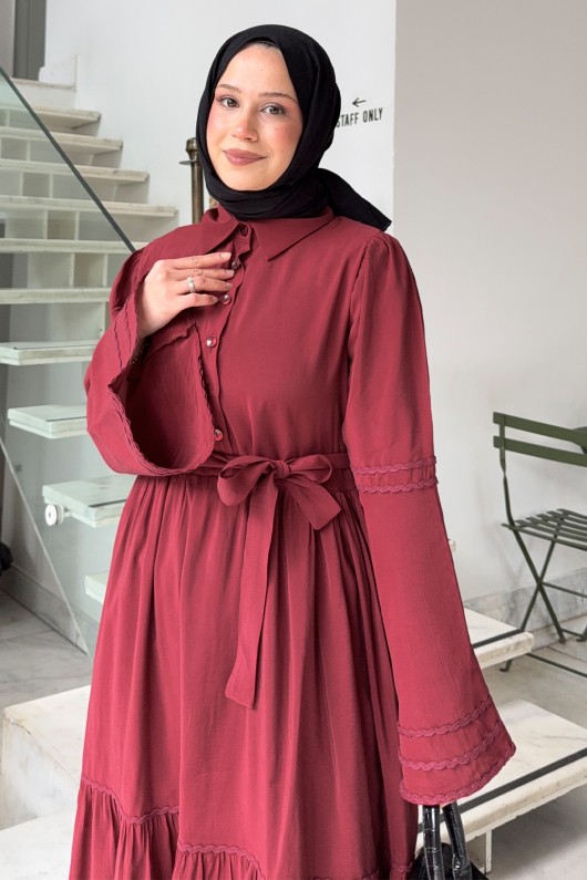 İspanyol Kol Tesettür Elbise 2276 - BORDO
