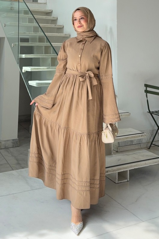 İspanyol Kol Tesettür Elbise 2276 - VİZON