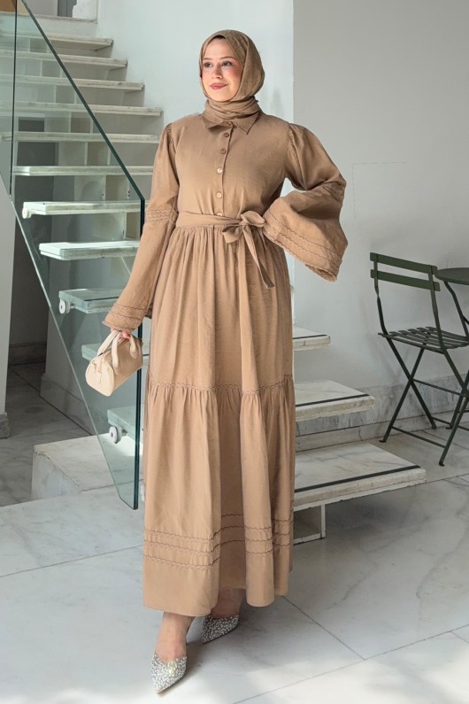 İspanyol Kol Tesettür Elbise 2276 - VİZON