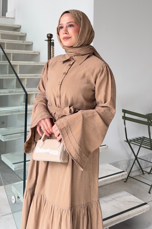 İspanyol Kol Tesettür Elbise 2276 - VİZON