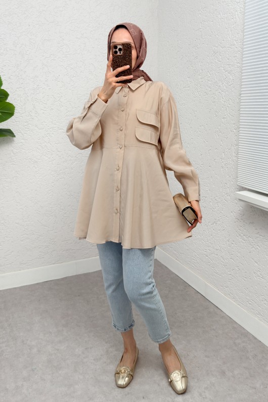 Çift Kapaklı Uzun Tunik 2277 - BEJ