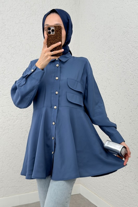 Çift Kapaklı Uzun Tunik 2277 - İNDİGO Çift Kapaklı Uzun Tunik 2277 - İNDİGO
