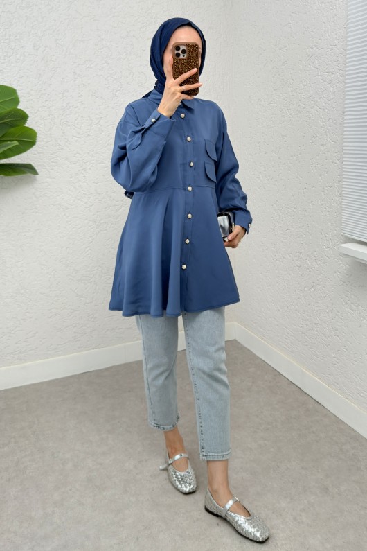 Çift Kapaklı Uzun Tunik 2277 - İNDİGO Çift Kapaklı Uzun Tunik 2277 - İNDİGO