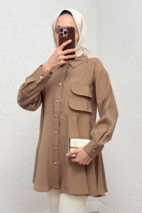 Çift Kapaklı Uzun Tunik 2277 - SÜTLÜ KAHVE