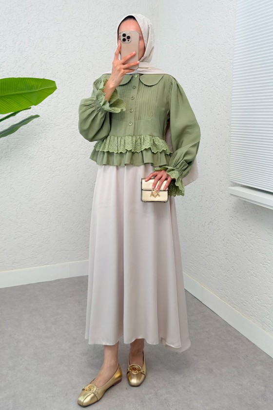 Nervürlü Bebe Yaka Gömlek 2279 - AÇIK HAKİ