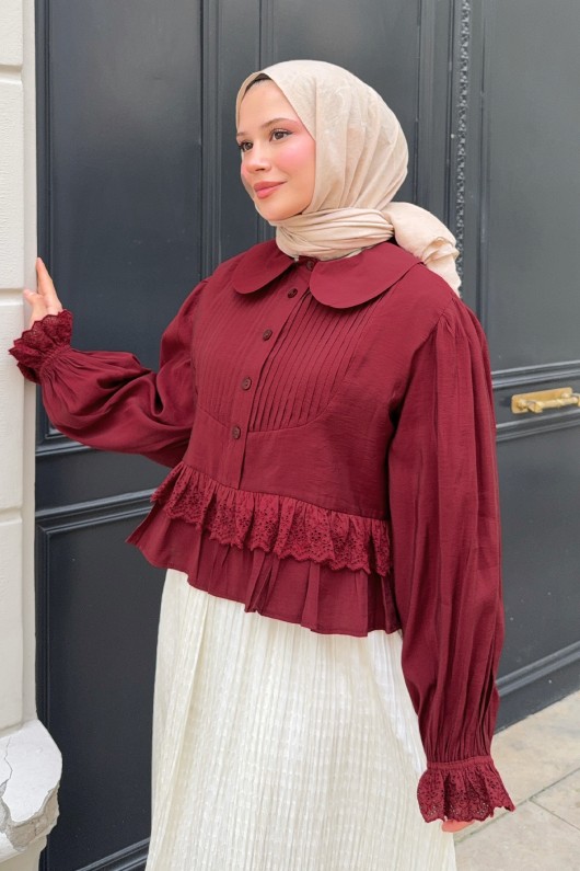 Nervürlü Bebe Yaka Gömlek 2279 - BORDO Nervürlü Bebe Yaka Gömlek 2279 - BORDO