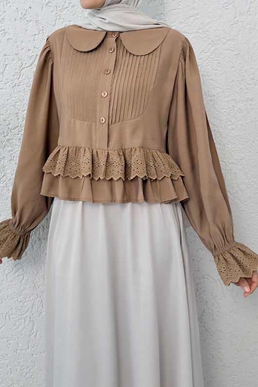 Nervürlü Bebe Yaka Gömlek 2279 - VİZON Nervürlü Bebe Yaka Gömlek 2279 - VİZON