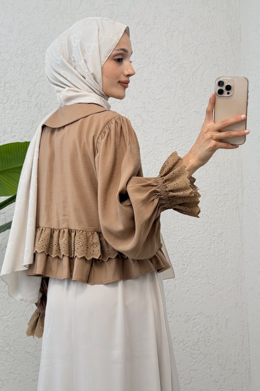 Nervürlü Bebe Yaka Gömlek 2279 - VİZON Nervürlü Bebe Yaka Gömlek 2279 - VİZON