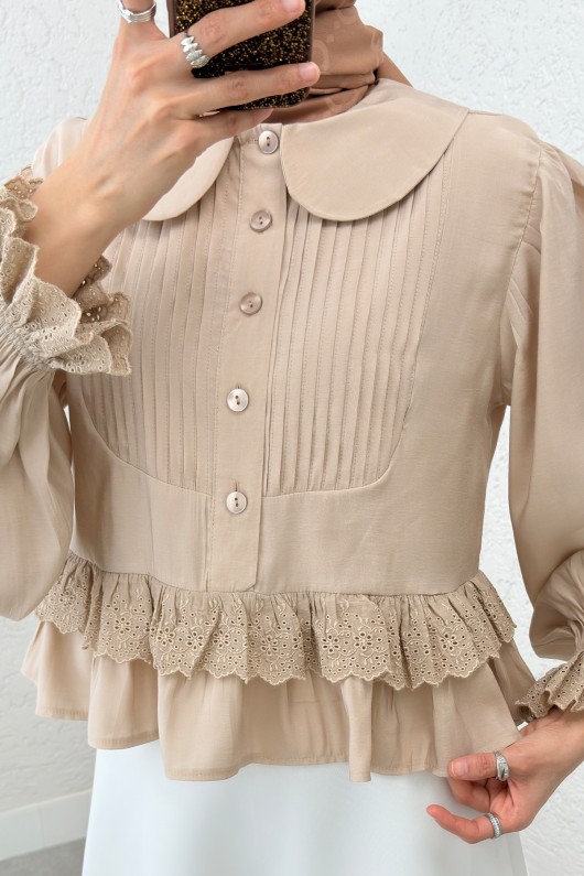 Nervürlü Bebe Yaka Gömlek 2279 - TAŞ RENGİ Nervürlü Bebe Yaka Gömlek 2279 - TAŞ RENGİ