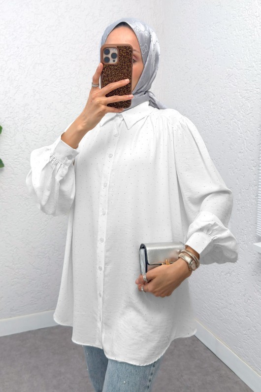 Taş Süslemeli Balon Kol Gömlek 2284 - BEYAZ