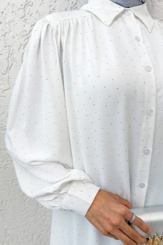 Taş Süslemeli Balon Kol Gömlek 2284 - BEYAZ