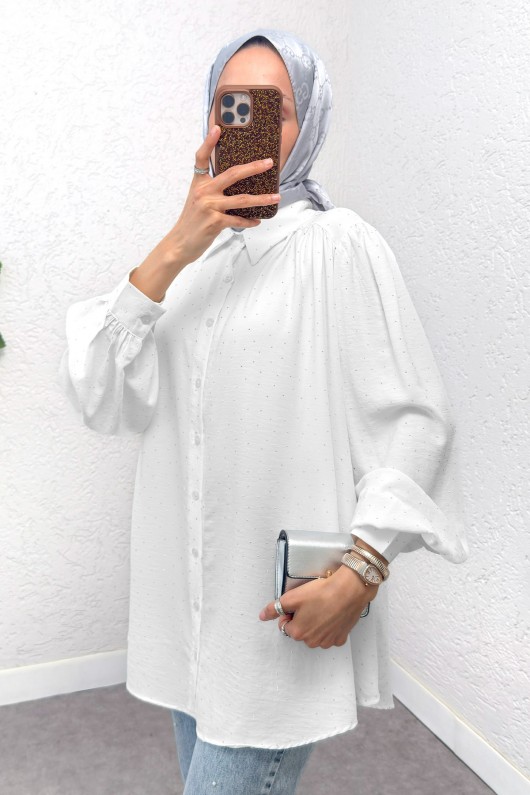 Taş Süslemeli Balon Kol Gömlek 2284 - BEYAZ