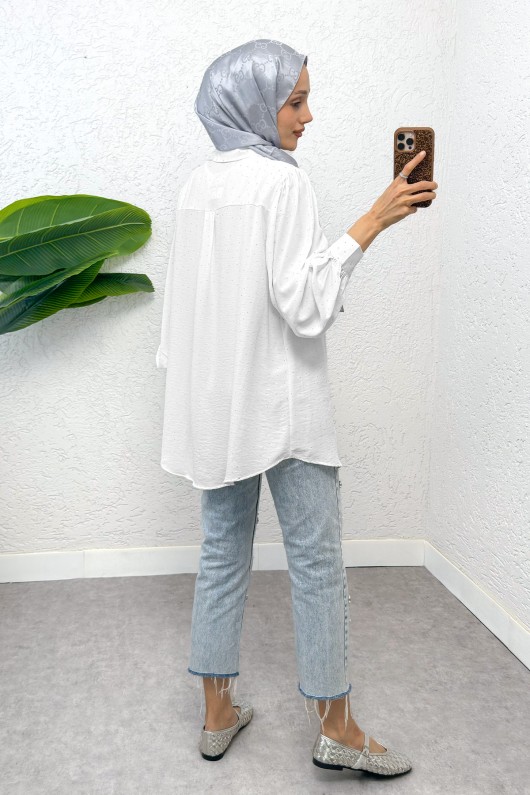 Taş Süslemeli Balon Kol Gömlek 2284 - BEYAZ