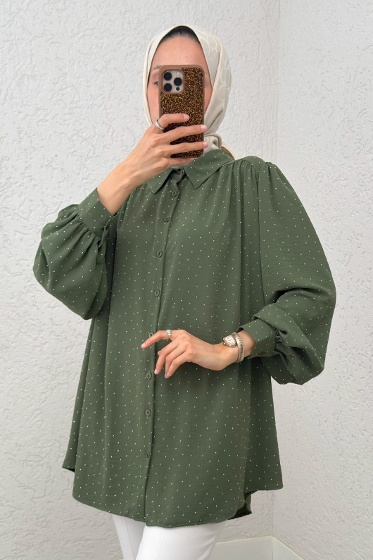 Taş Süslemeli Balon Kol Gömlek 2284 - HAKİ