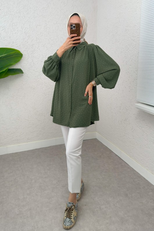 Taş Süslemeli Balon Kol Gömlek 2284 - HAKİ