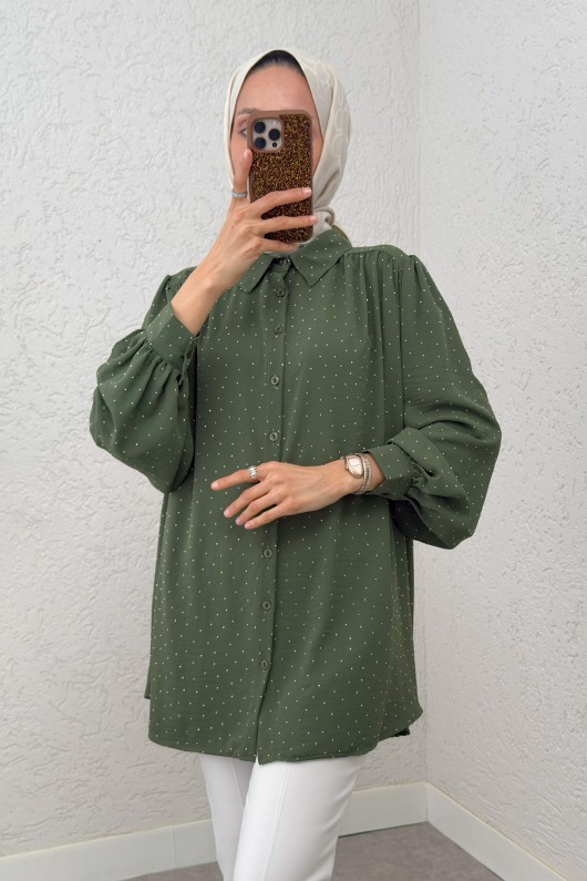 Taş Süslemeli Balon Kol Gömlek 2284 - HAKİ