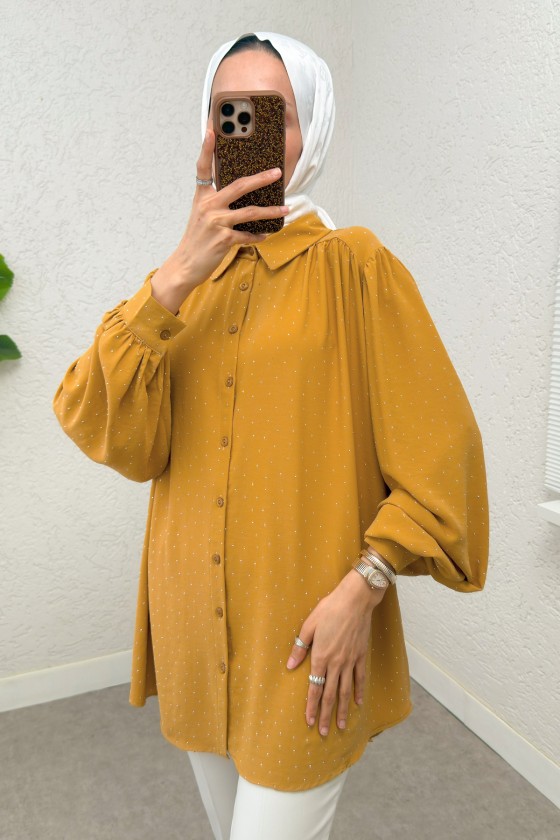 Taş Süslemeli Balon Kol Gömlek 2284 - HARDAL