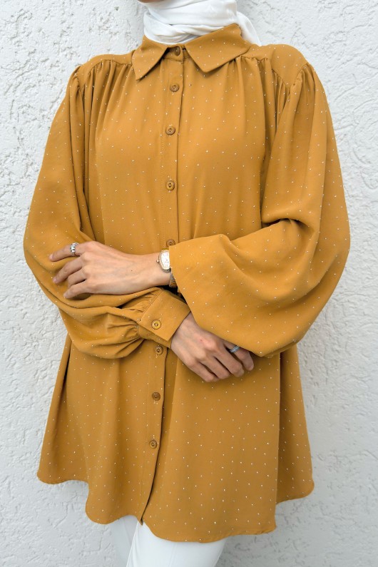 Taş Süslemeli Balon Kol Gömlek 2284 - HARDAL