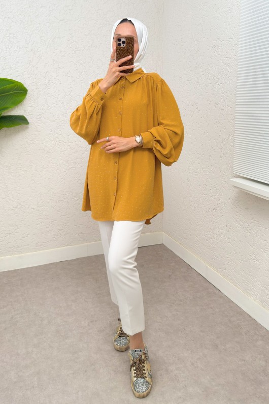 Taş Süslemeli Balon Kol Gömlek 2284 - HARDAL