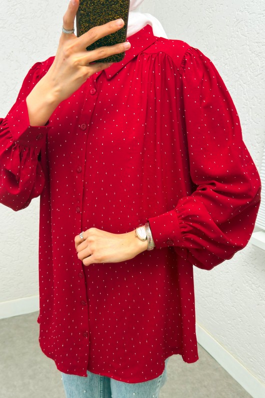 Taş Süslemeli Balon Kol Gömlek 2284 - KIRMIZI