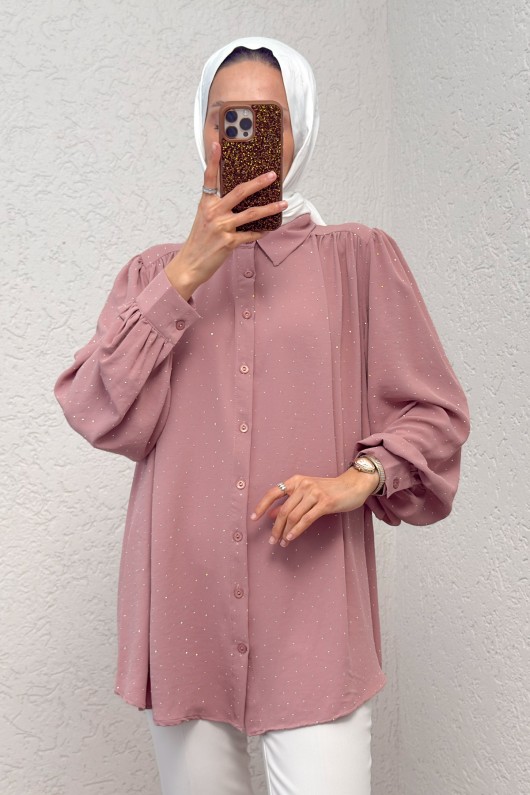 Taş Süslemeli Balon Kol Gömlek 2284 - PUDRA