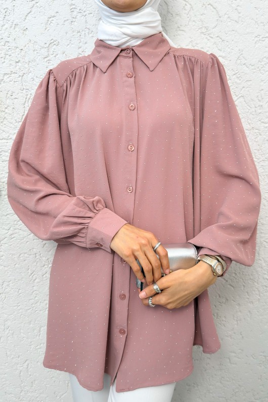 Taş Süslemeli Balon Kol Gömlek 2284 - PUDRA