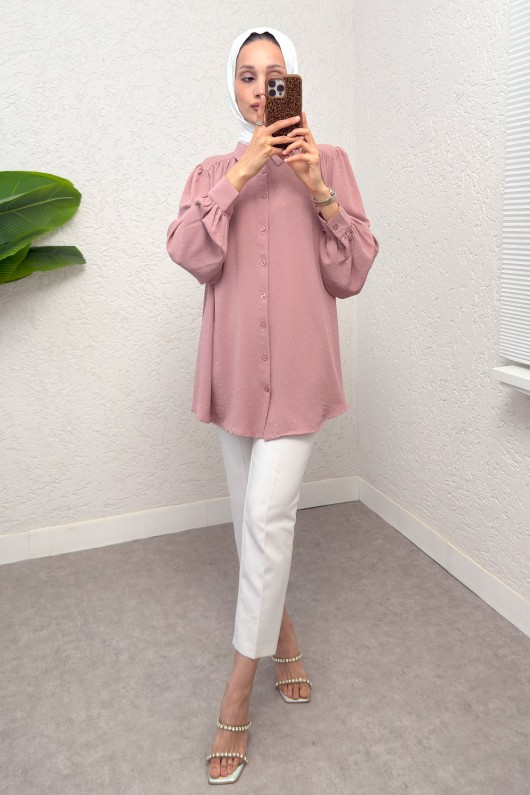 Taş Süslemeli Balon Kol Gömlek 2284 - PUDRA
