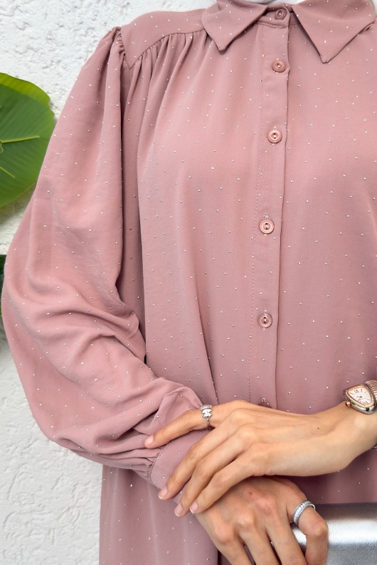 Taş Süslemeli Balon Kol Gömlek 2284 - PUDRA