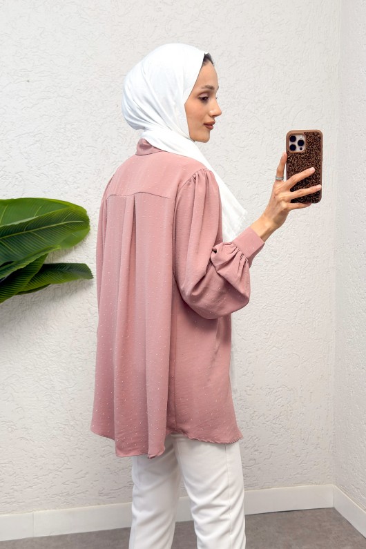 Taş Süslemeli Balon Kol Gömlek 2284 - PUDRA