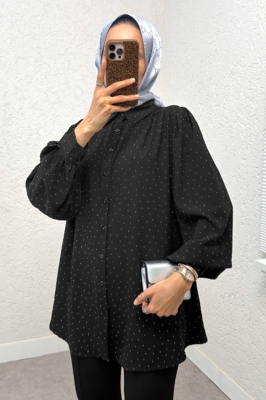 Taş Süslemeli Balon Kol Gömlek 2284 - SİYAH