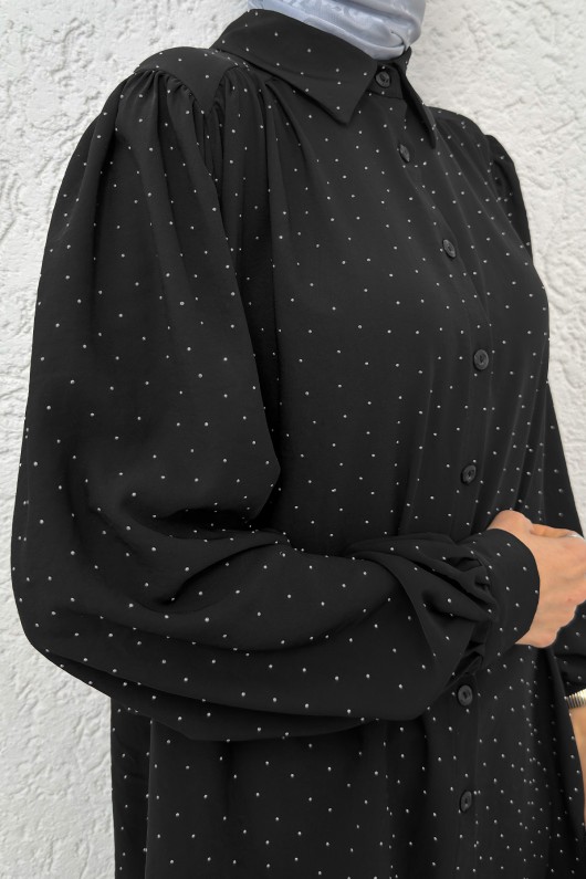 Taş Süslemeli Balon Kol Gömlek 2284 - SİYAH