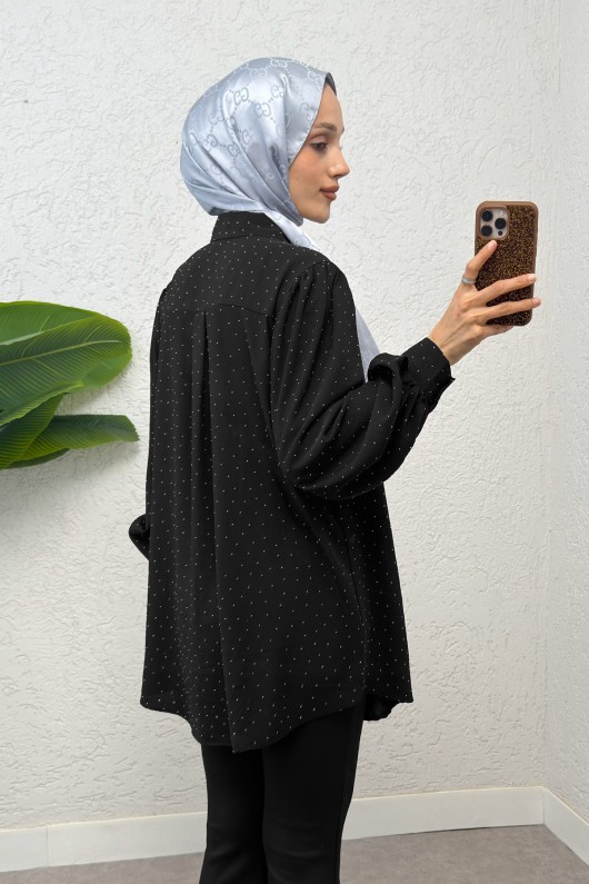 Taş Süslemeli Balon Kol Gömlek 2284 - SİYAH