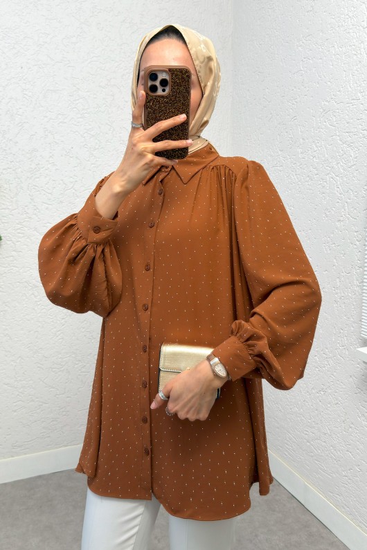 Taş Süslemeli Balon Kol Gömlek 2284 - TABA