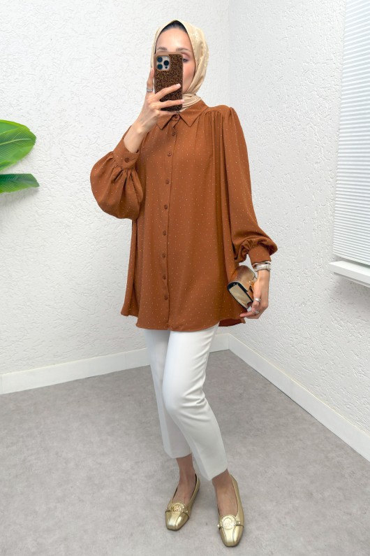 Taş Süslemeli Balon Kol Gömlek 2284 - TABA