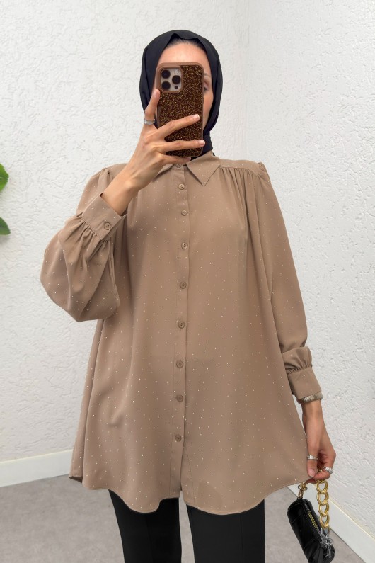 Taş Süslemeli Balon Kol Gömlek 2284 - VİZON