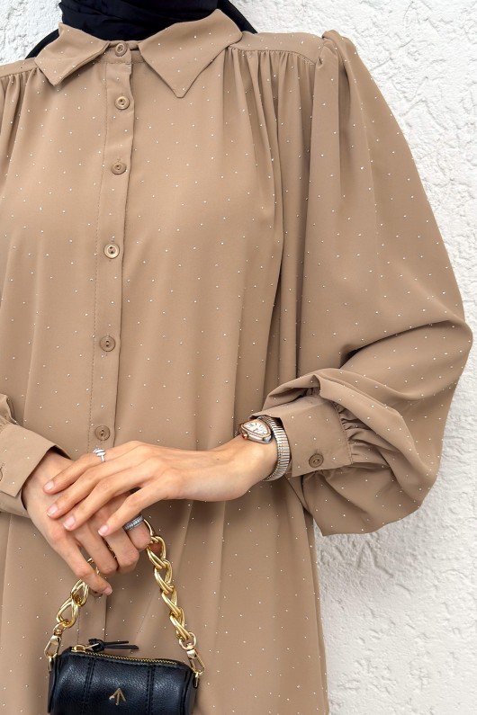 Taş Süslemeli Balon Kol Gömlek 2284 - VİZON