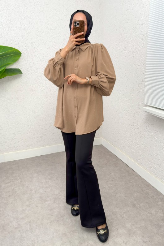 Taş Süslemeli Balon Kol Gömlek 2284 - VİZON