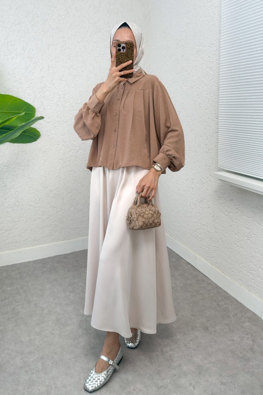 Pileli Taş Süslemeli Gömlek 2286 - BEJ