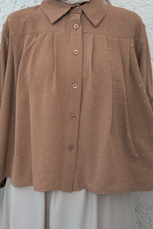 Pileli Taş Süslemeli Gömlek 2286 - BEJ