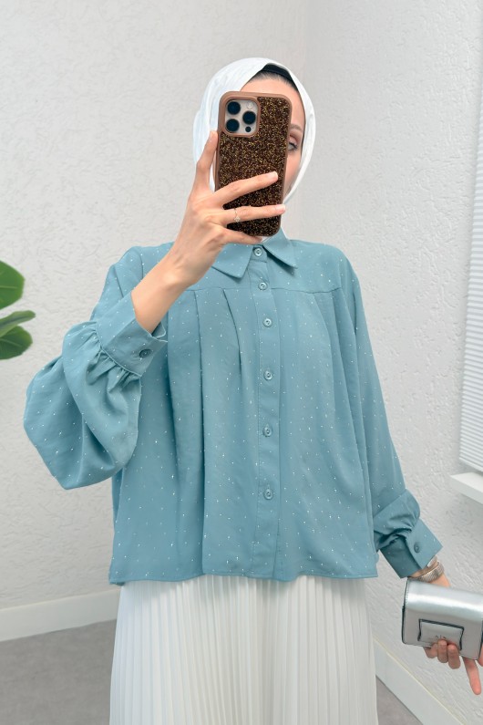 Pileli Taş Süslemeli Gömlek 2286 - MİNT YEŞİLİ