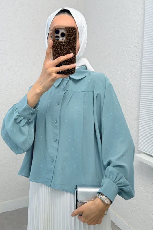 Pileli Taş Süslemeli Gömlek 2286 - MİNT YEŞİLİ