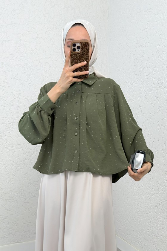 Pileli Taş Süslemeli Gömlek 2286 - HAKİ