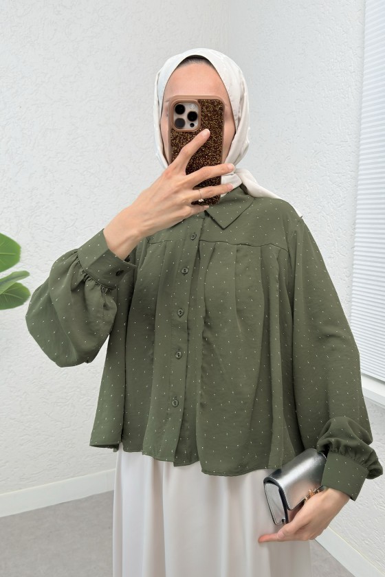 Pileli Taş Süslemeli Gömlek 2286 - HAKİ