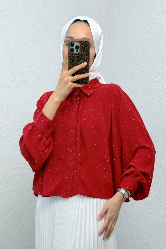 Pileli Taş Süslemeli Gömlek 2286 - KIRMIZI