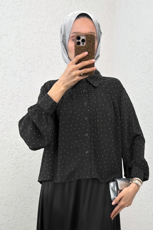 Pileli Taş Süslemeli Gömlek 2286 - SİYAH